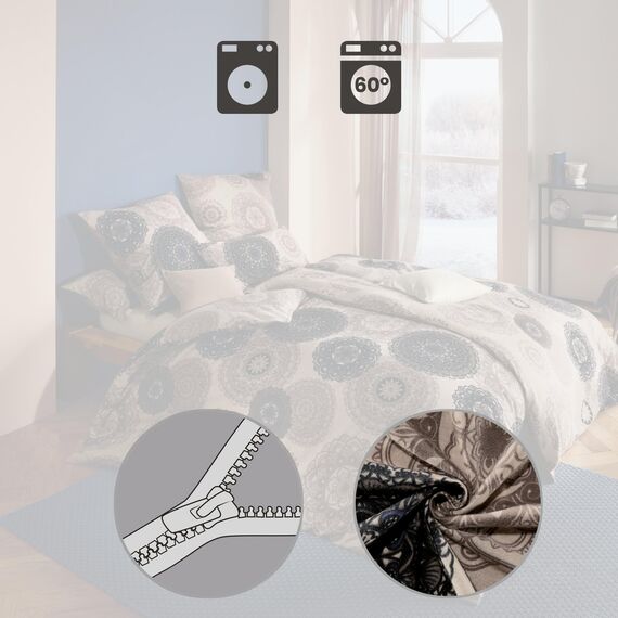 Erwin Müller Bettwäsche, Bettgarnitur Sparpaket 4-TLG. Flanell - Mandala - mollig warm, temperaturregulierend, mit praktischem Reißverschluss - beige Größe 40x80 cm / 155x220 cm