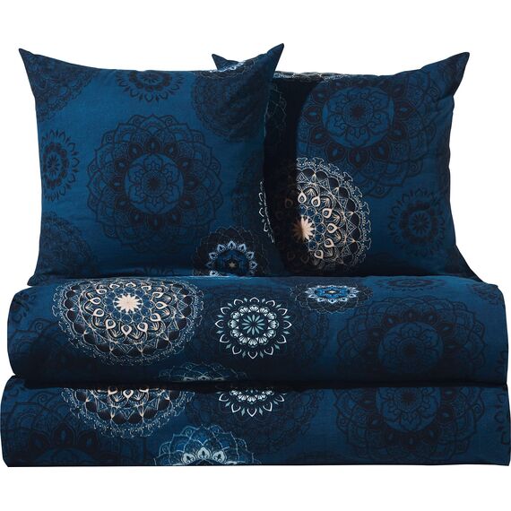 Erwin Müller Bettwäsche, Bettgarnitur Sparpaket 4-TLG. Flanell - Mandala - mollig warm, temperaturregulierend, mit praktischem Reißverschluss - dunkelblau Größe 80x80 cm / 155x200 cm