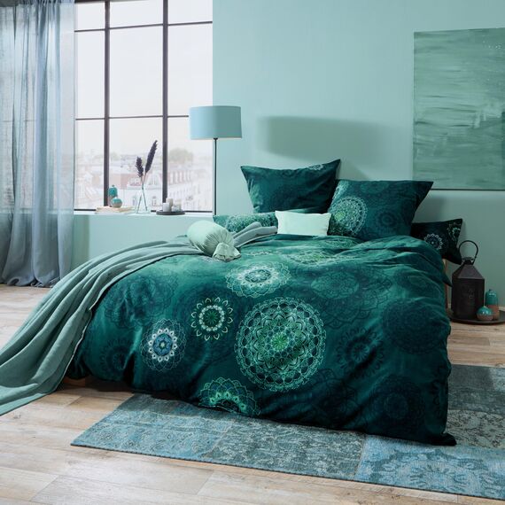 Erwin Müller Bettwäsche, Bettgarnitur Sparpaket 4-TLG. Flanell - Mandala - mollig warm, temperaturregulierend, mit praktischem Reißverschluss - Petrol Größe 40x80 cm / 155x200 cm