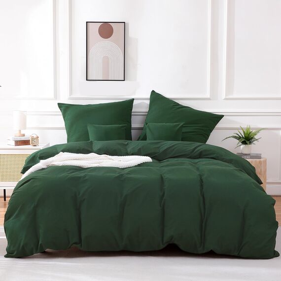 ATsense Bettwäsche 135x200 Baumwolle 2teilig, Stonewashed Bettwäsche-Sets Waldgrün Ähnlich wie Leinen, Oeko-TEX, Hypoallergen und Atmungsaktiv, 1 Bettbezug und 1 Kissenbezug 80x80
