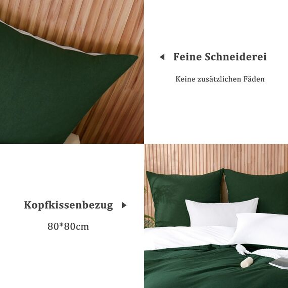 ATsense Bettwäsche 200x200 Baumwolle 3teilig, Stonewashed Bettwäsche-Sets Waldgrün und Weiß Ähnlich wie Leinen, Oeko-TEX, Hypoallergen und Atmungsaktiv, 1 Bettbezug und 2 Kissenbezug 80x80