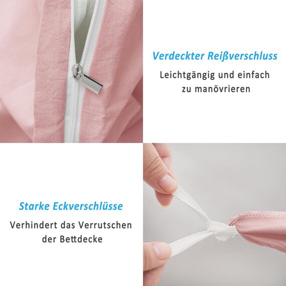 ATsense Bettwäsche 135x200 Baumwolle 2teilig, Stonewashed Bettwäsche-Sets Blass Rosa Ähnlich wie Leinen, Oeko-TEX, Hypoallergen und Atmungsaktiv, 1 Bettbezug und 1 Kissenbezug 80x80