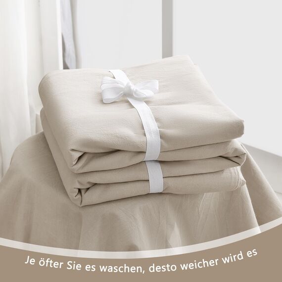 ATsense Bettwäsche 200x200 Baumwolle 3teilig, Stonewashed Bettwäsche-Sets Beige Ähnlich wie Leinen, Oeko-TEX, Hypoallergen und Atmungsaktiv, 1 Bettbezug und 2 Kissenbezug 80x80