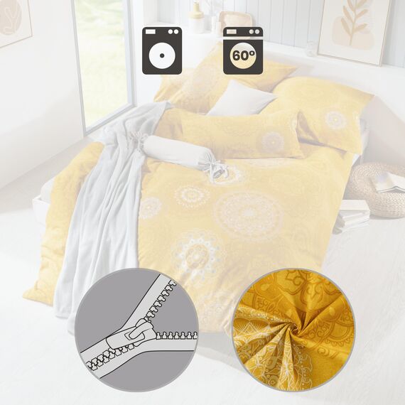 Erwin Müller Bettwäsche, Bettgarnitur Flanell - Mandala - mollig warm, temperaturregulierend, mit praktischem Reißverschluss - Curry Größe 40x80 cm / 200x200 cm