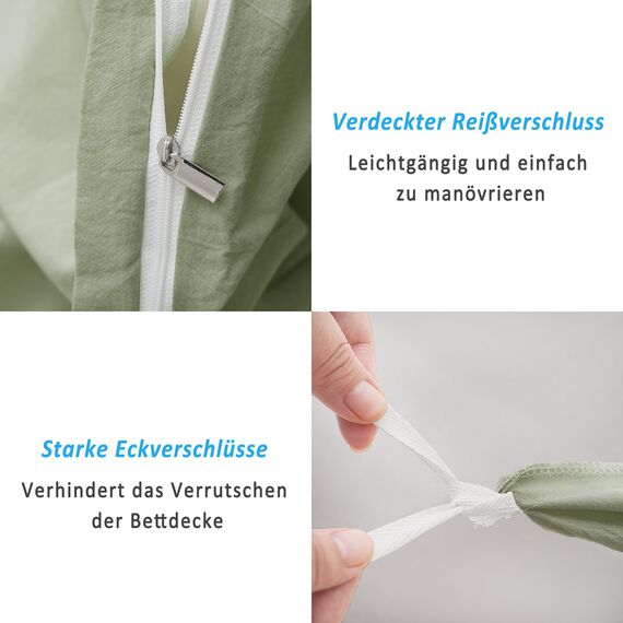 ATsense Bettwäsche 135x200 Baumwolle 4teilig, Stonewashed Bettwäsche-Sets Hellgrün Ähnlich wie Leinen, Oeko-TEX, Hypoallergen und Atmungsaktiv, 2 Bettbezug und 2 Kissenbezug 80x80