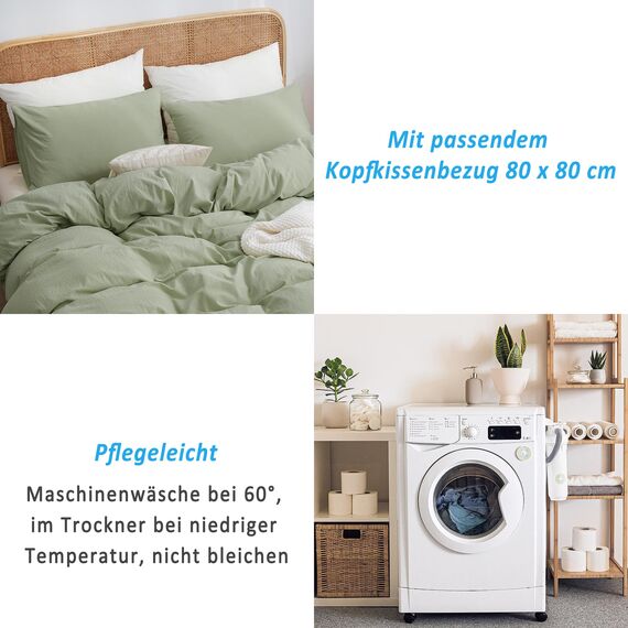 ATsense Bettwäsche 135x200 Baumwolle 4teilig, Stonewashed Bettwäsche-Sets Hellgrün Ähnlich wie Leinen, Oeko-TEX, Hypoallergen und Atmungsaktiv, 2 Bettbezug und 2 Kissenbezug 80x80