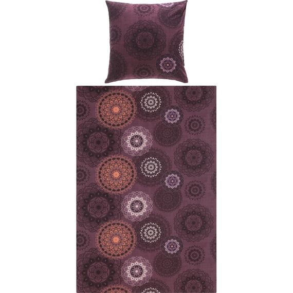 Erwin Müller Bettwäsche, Bettgarnitur Sparpaket 4-TLG. Flanell - Mandala - mollig warm, temperaturregulierend, mit praktischem Reißverschluss - aubergine Größe 80x80 cm / 155x220 cm