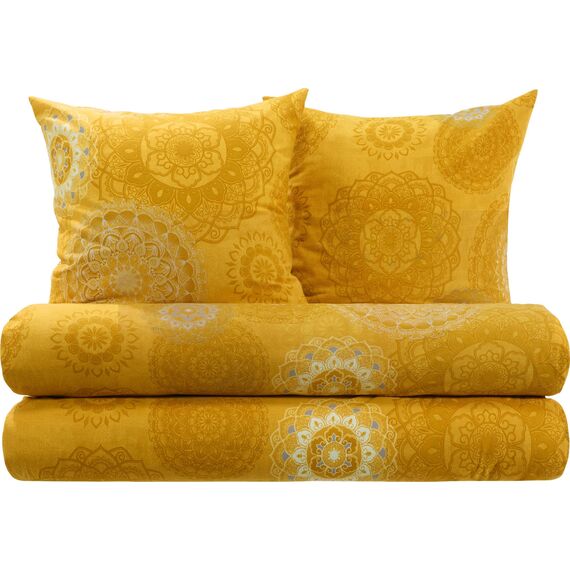 Erwin Müller Bettwäsche, Bettgarnitur Sparpaket 4-TLG. Flanell - Mandala - mollig warm, temperaturregulierend, mit praktischem Reißverschluss - Curry Größe 80x80 cm / 135x200 cm