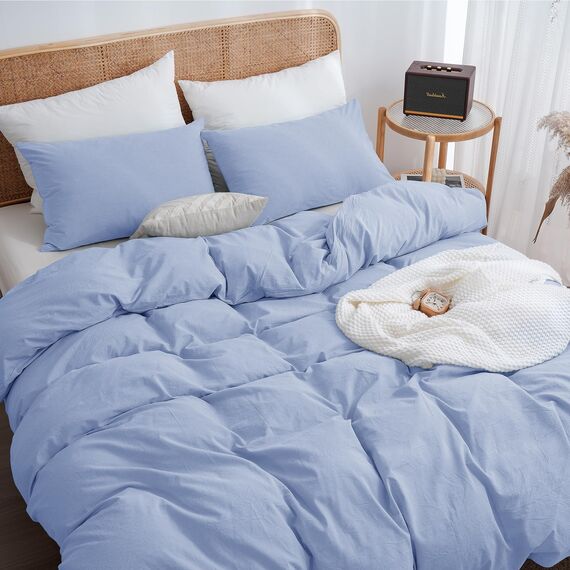 ATsense Bettwäsche 135x200 Baumwolle 4teilig, Stonewashed Bettwäsche-Sets Hellblau Ähnlich wie Leinen, Oeko-TEX, Hypoallergen und Atmungsaktiv, 2 Bettbezug und 2 Kissenbezug 80x80