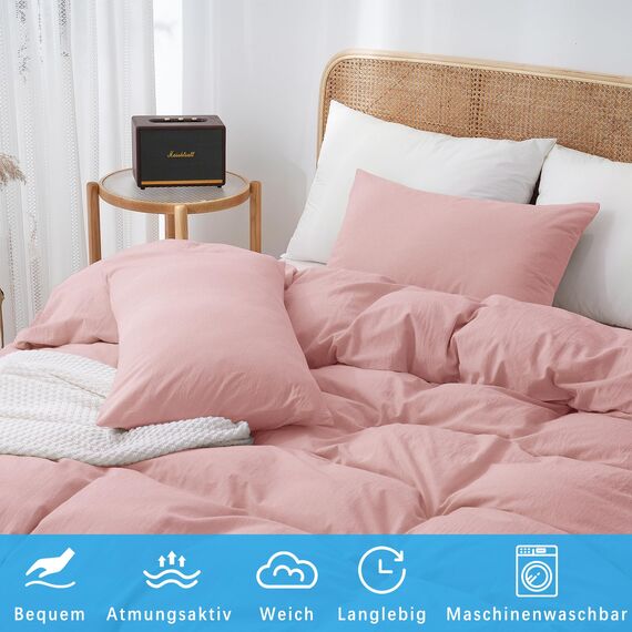ATsense Bettwäsche 135x200 Baumwolle 4teilig, Stonewashed Bettwäsche-Sets Blass Rosa Ähnlich wie Leinen, Oeko-TEX, Hypoallergen und Atmungsaktiv, 2 Bettbezug und 2 Kissenbezug 80x80