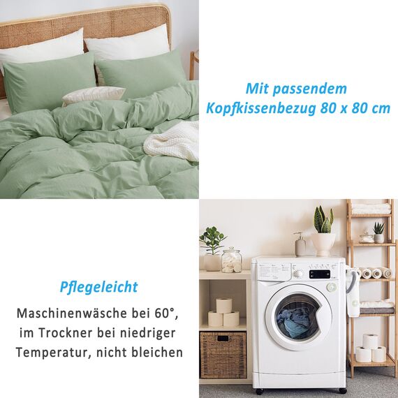 ATsense Bettwäsche 135x200 Baumwolle 2teilig, Stonewashed Bettwäsche-Sets Mint Grün Ähnlich wie Leinen, Oeko-TEX, Hypoallergen und Atmungsaktiv, 1 Bettbezug und 1 Kissenbezug 80x80