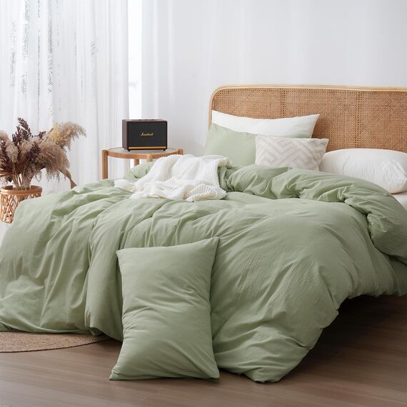 ATsense Bettwäsche 135x200 Baumwolle 4teilig, Stonewashed Bettwäsche-Sets Hellgrün Ähnlich wie Leinen, Oeko-TEX, Hypoallergen und Atmungsaktiv, 2 Bettbezug und 2 Kissenbezug 80x80