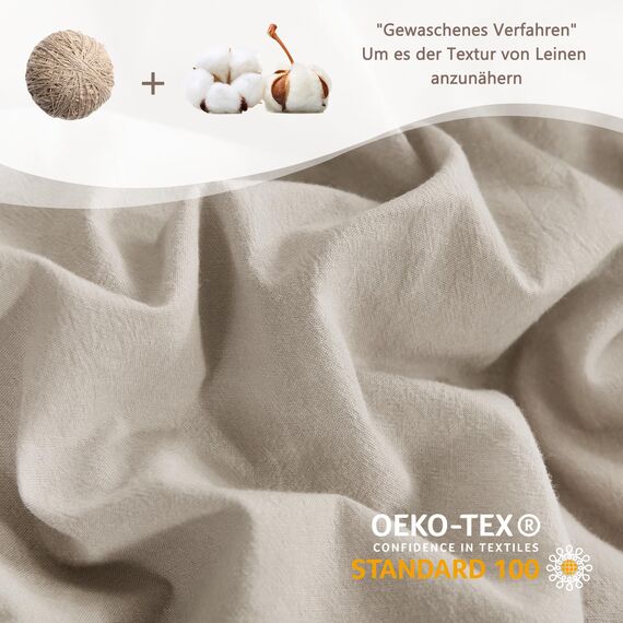 ATsense Bettwäsche 200x200 Baumwolle 3teilig, Stonewashed Bettwäsche-Sets Beige Ähnlich wie Leinen, Oeko-TEX, Hypoallergen und Atmungsaktiv, 1 Bettbezug und 2 Kissenbezug 80x80