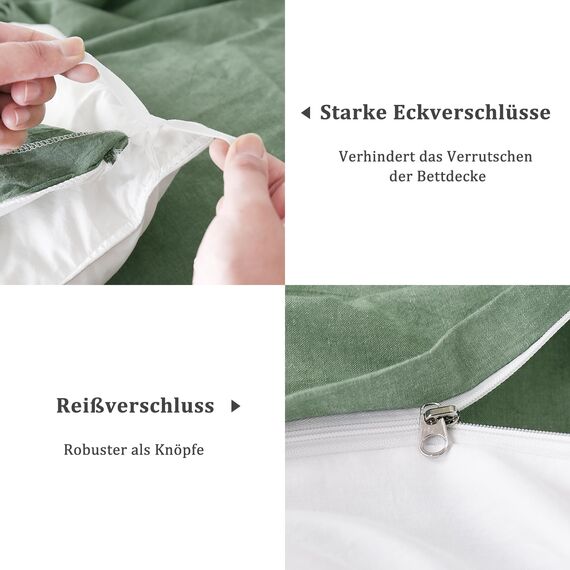 ATsense Bettwäsche 200x200 Baumwolle 3teilig, Stonewashed Bettwäsche-Sets Grün und Weiß Ähnlich wie Leinen, Oeko-TEX, Hypoallergen und Atmungsaktiv, 1 Bettbezug und 2 Kissenbezug 80x80