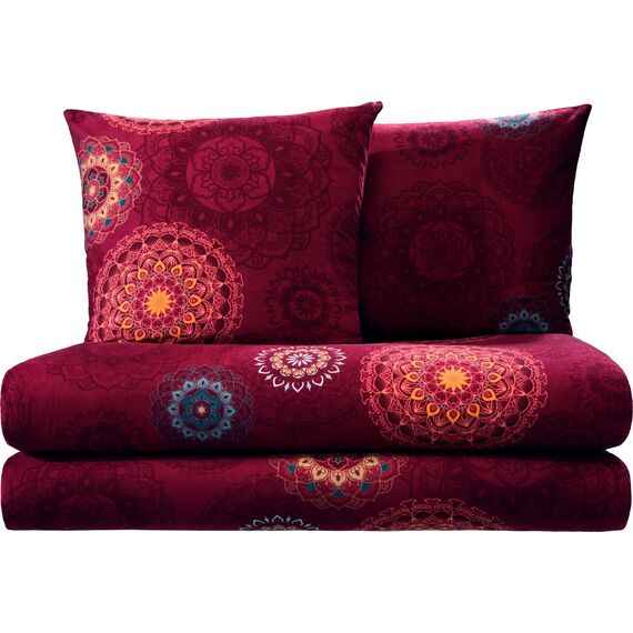 Erwin Müller Bettwäsche, Bettgarnitur Sparpaket 4-TLG. Flanell - Mandala - mollig warm, temperaturregulierend, mit praktischem Reißverschluss - Bordeaux Größe 80x80 cm / 155x200 cm