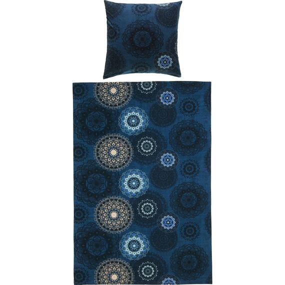 Erwin Müller Bettwäsche, Bettgarnitur Sparpaket 4-TLG. Flanell - Mandala - mollig warm, temperaturregulierend, mit praktischem Reißverschluss - dunkelblau Größe 80x80 cm / 155x240 cm