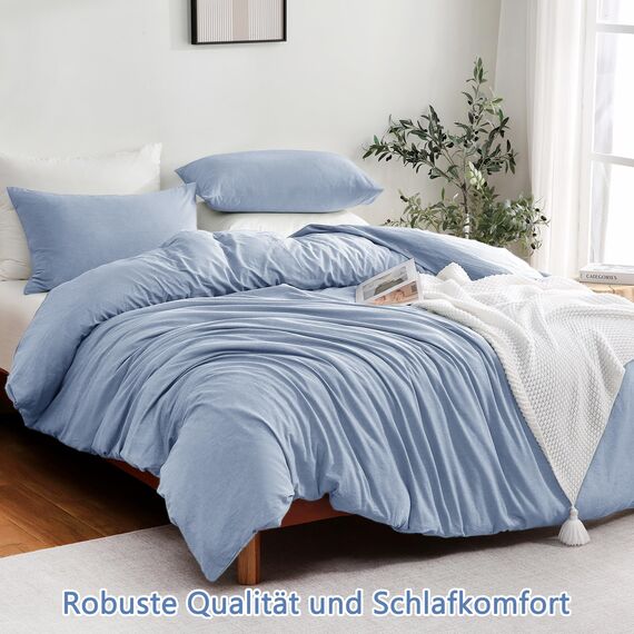 ATsense Bettwäsche 135x200 Baumwolle 2teilig, Stonewashed Bettwäsche-Sets Himmelblau Ähnlich wie Leinen, Oeko-TEX, Hypoallergen und Atmungsaktiv, 1 Bettbezug und 1 Kissenbezug 80x80