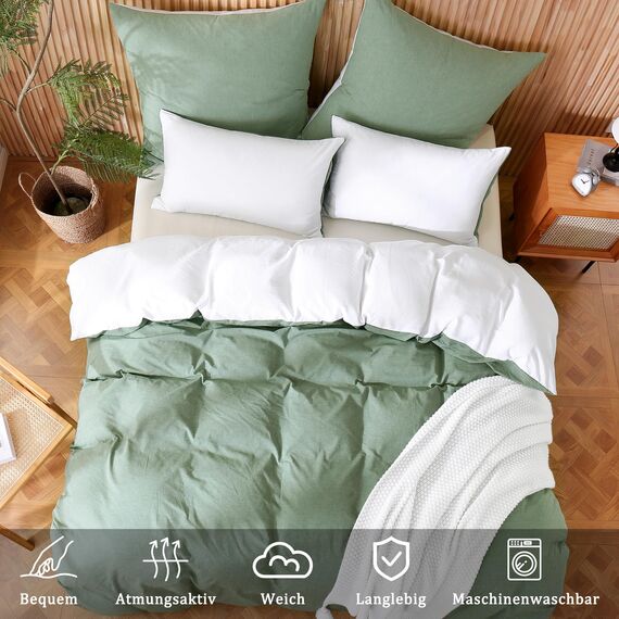 ATsense Bettwäsche 200x200 Baumwolle 3teilig, Stonewashed Bettwäsche-Sets Grün und Weiß Ähnlich wie Leinen, Oeko-TEX, Hypoallergen und Atmungsaktiv, 1 Bettbezug und 2 Kissenbezug 80x80
