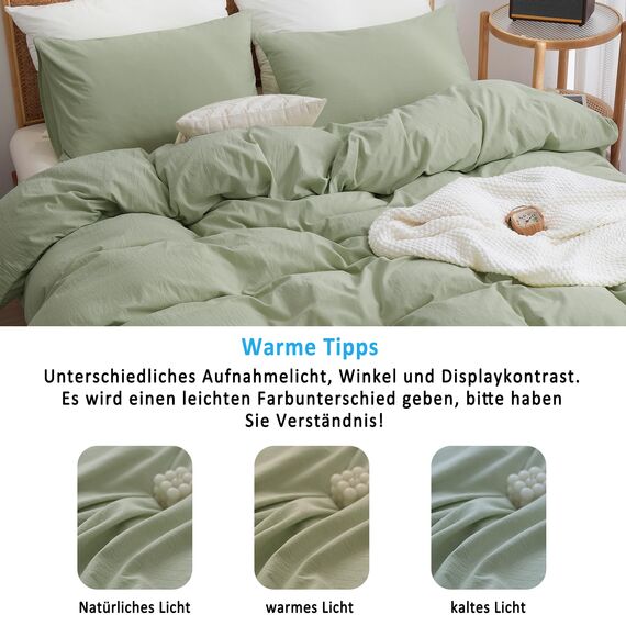 ATsense Bettwäsche 135x200 Baumwolle 4teilig, Stonewashed Bettwäsche-Sets Hellgrün Ähnlich wie Leinen, Oeko-TEX, Hypoallergen und Atmungsaktiv, 2 Bettbezug und 2 Kissenbezug 80x80