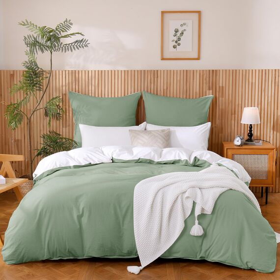 ATsense Bettwäsche 200x200 Baumwolle 3teilig, Stonewashed Bettwäsche-Sets Grün und Weiß Ähnlich wie Leinen, Oeko-TEX, Hypoallergen und Atmungsaktiv, 1 Bettbezug und 2 Kissenbezug 80x80