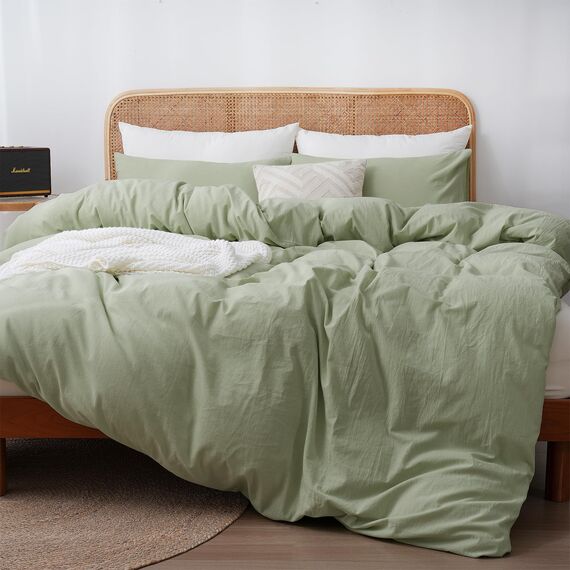 ATsense Bettwäsche 135x200 Baumwolle 4teilig, Stonewashed Bettwäsche-Sets Hellgrün Ähnlich wie Leinen, Oeko-TEX, Hypoallergen und Atmungsaktiv, 2 Bettbezug und 2 Kissenbezug 80x80