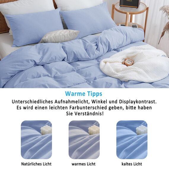 ATsense Bettwäsche 135x200 Baumwolle 4teilig, Stonewashed Bettwäsche-Sets Hellblau Ähnlich wie Leinen, Oeko-TEX, Hypoallergen und Atmungsaktiv, 2 Bettbezug und 2 Kissenbezug 80x80