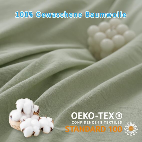 ATsense Bettwäsche 135x200 Baumwolle 4teilig, Stonewashed Bettwäsche-Sets Hellgrün Ähnlich wie Leinen, Oeko-TEX, Hypoallergen und Atmungsaktiv, 2 Bettbezug und 2 Kissenbezug 80x80
