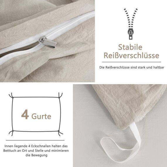 ATsense Bettwäsche 200x200 Baumwolle 3teilig, Stonewashed Bettwäsche-Sets Beige Ähnlich wie Leinen, Oeko-TEX, Hypoallergen und Atmungsaktiv, 1 Bettbezug und 2 Kissenbezug 80x80