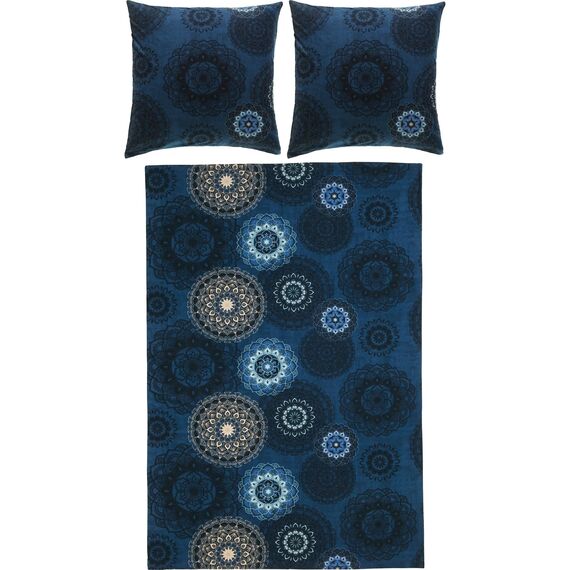 Erwin Müller Bettwäsche, Bettgarnitur Flanell - Mandala - mollig warm, temperaturregulierend, mit praktischem Reißverschluss - dunkelblau Größe 80x80 cm / 200x220 cm