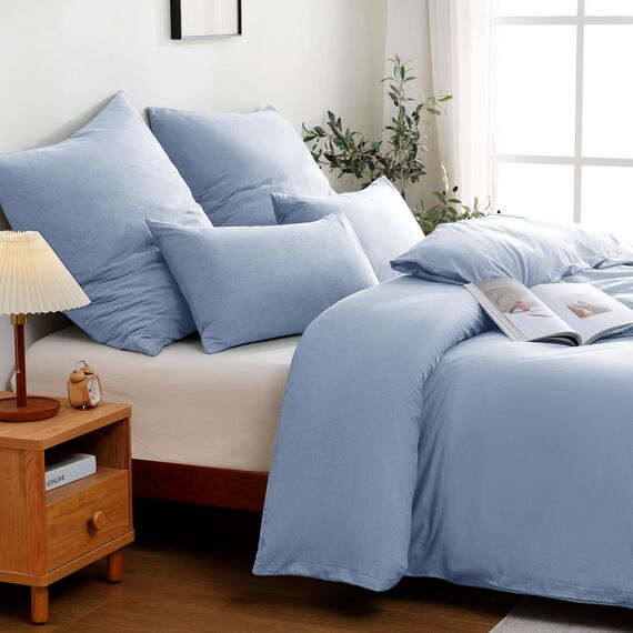 ATsense Bettwäsche 155x220 Baumwolle 2teilig, Stonewashed Bettwäsche-Sets Himmelblau Ähnlich wie Leinen, Oeko-TEX, Hypoallergen und Atmungsaktiv, 1 Bettbezug und 1 Kissenbezug 80x80