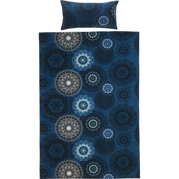 Erwin Müller Bettwäsche, Bettgarnitur Sparpaket 4-TLG. Flanell - Mandala - mollig warm, temperaturregulierend, mit praktischem Reißverschluss - dunkelblau Größe 40x80 cm / 155x240 cm