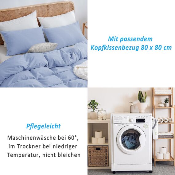ATsense Bettwäsche 135x200 Baumwolle 2teilig, Stonewashed Bettwäsche-Sets Hellblau Ähnlich wie Leinen, Oeko-TEX, Hypoallergen und Atmungsaktiv, 1 Bettbezug und 1 Kissenbezug 80x80