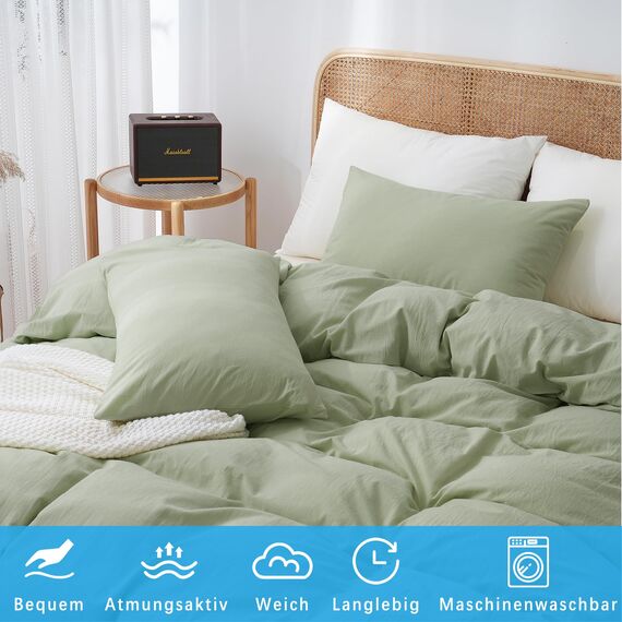 ATsense Bettwäsche 135x200 Baumwolle 4teilig, Stonewashed Bettwäsche-Sets Hellgrün Ähnlich wie Leinen, Oeko-TEX, Hypoallergen und Atmungsaktiv, 2 Bettbezug und 2 Kissenbezug 80x80