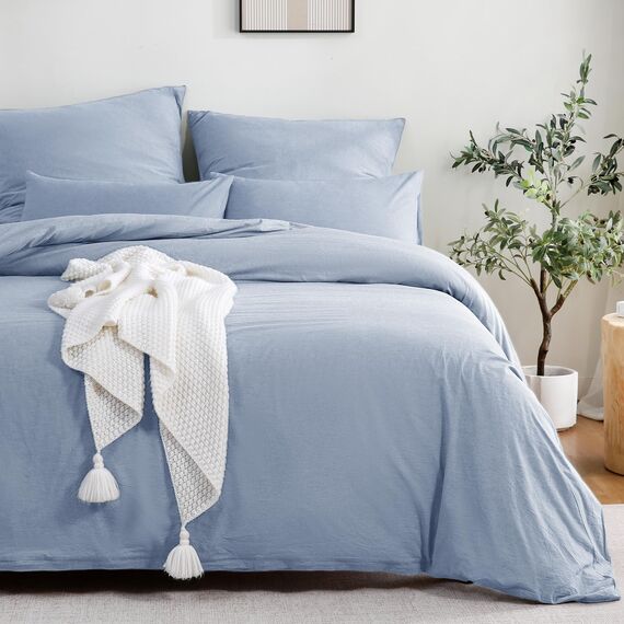 ATsense Bettwäsche 155x220 Baumwolle 2teilig, Stonewashed Bettwäsche-Sets Himmelblau Ähnlich wie Leinen, Oeko-TEX, Hypoallergen und Atmungsaktiv, 1 Bettbezug und 1 Kissenbezug 80x80