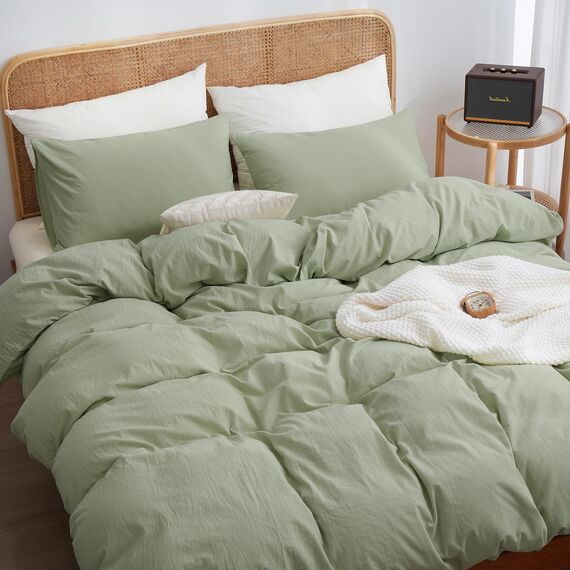 ATsense Bettwäsche 155x220 Baumwolle 2teilig, Stonewashed Bettwäsche-Sets Hellgrün Ähnlich wie Leinen, Oeko-TEX, Hypoallergen und Atmungsaktiv, 1 Bettbezug und 1 Kissenbezug 80x80