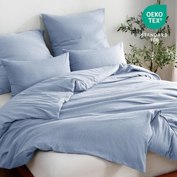 ATsense Bettwäsche 155x220 Baumwolle 2teilig, Stonewashed Bettwäsche-Sets Himmelblau Ähnlich wie Leinen, Oeko-TEX, Hypoallergen und Atmungsaktiv, 1 Bettbezug und 1 Kissenbezug 80x80