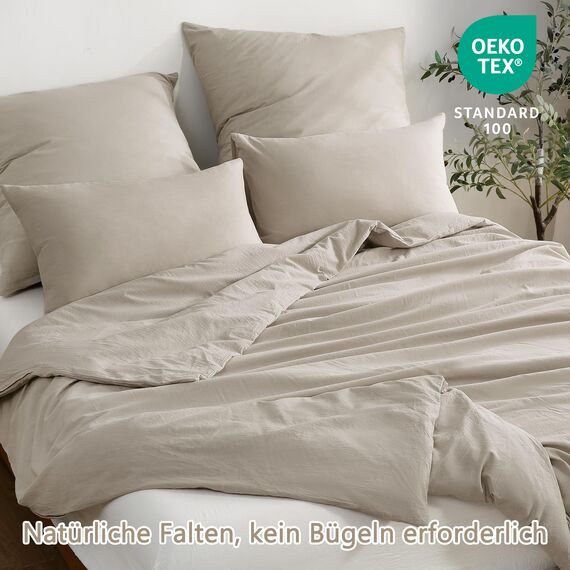 ATsense Bettwäsche 200x200 Baumwolle 3teilig, Stonewashed Bettwäsche-Sets Beige Ähnlich wie Leinen, Oeko-TEX, Hypoallergen und Atmungsaktiv, 1 Bettbezug und 2 Kissenbezug 80x80