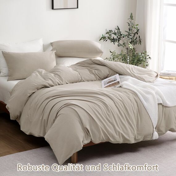 ATsense Bettwäsche 155x220 Baumwolle 4teilig, Stonewashed Bettwäsche-Sets Beige Ähnlich wie Leinen, Oeko-TEX, Hypoallergen und Atmungsaktiv, 2 Bettbezug und 2 Kissenbezug 80x80