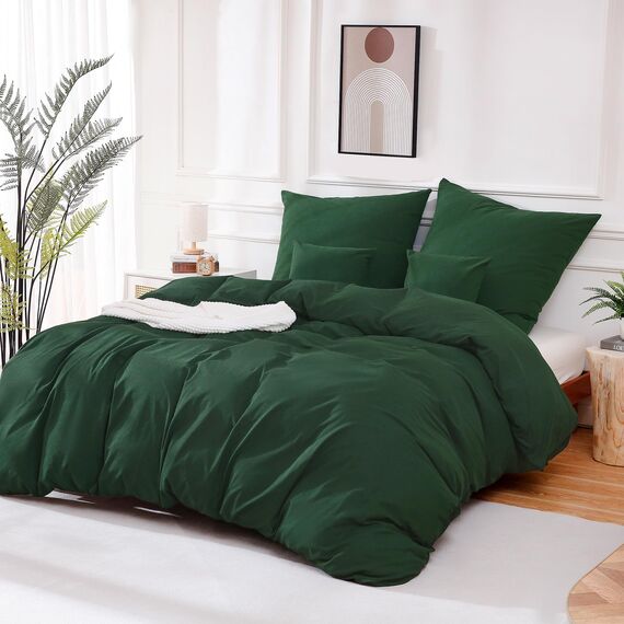 ATsense Bettwäsche 135x200 Baumwolle 2teilig, Stonewashed Bettwäsche-Sets Waldgrün Ähnlich wie Leinen, Oeko-TEX, Hypoallergen und Atmungsaktiv, 1 Bettbezug und 1 Kissenbezug 80x80
