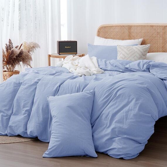 ATsense Bettwäsche 135x200 Baumwolle 4teilig, Stonewashed Bettwäsche-Sets Hellblau Ähnlich wie Leinen, Oeko-TEX, Hypoallergen und Atmungsaktiv, 2 Bettbezug und 2 Kissenbezug 80x80