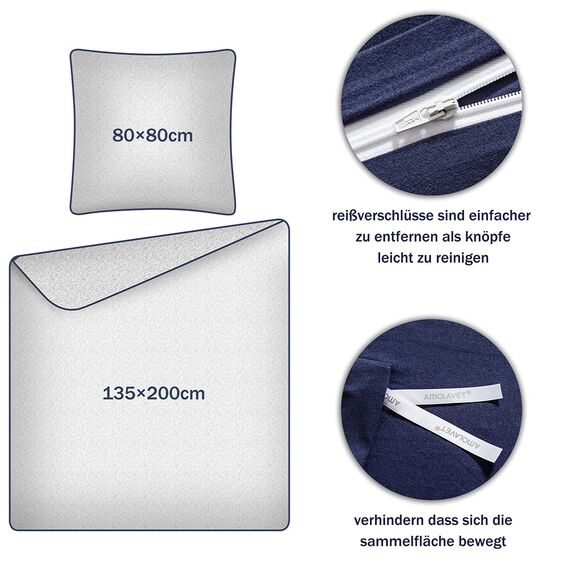 Amolavet Winter Bettwäsche 135x200 2teilig Set Blau aus Gebürstetem Mikrofaser Winterbettwäsche 135x200 Bettbezug 135 X 200 + Kissenbezüg 80x80 Mit Reißverschluss für Einzelbett