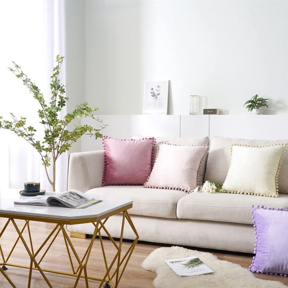 Topfinel Dekorative Kissenbezug 50x50 mit Bommeln Weiche Partikel Samt Solide Kissenbezüge Kissenhülle für Couch Sofa Schlafzimmer Auto Sofakissen Couchkissen Dekokissen Wohnzimmer, 2er Pack Creme