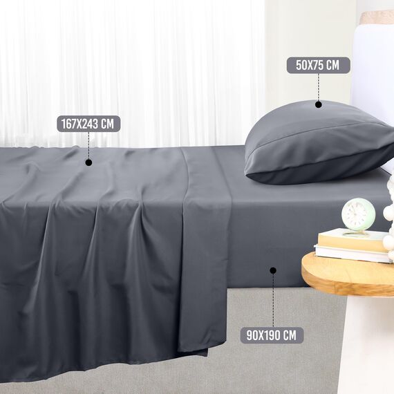 Utopia Bedding 4 Teilige Bettlaken Set 180x200 cm, Grau - Polyester Microfaser, Oeko-Tex Zertifiziert, 1 Spannbettlaken 180x200 cm, 1 Bettlaken 270x290 cm und 2 Kissenbezüge 50x75 cm