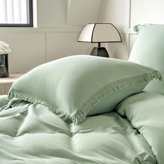 Amolavet Boho Quasten Design Salbeigrün Bettwäsche 200x200 3teilig Set aus Gebürstetem Mikrofaser Winter Bettwäsche 200x200 Bettbezug 200 X 200 Mit Reißverschluss +2 Kissenbezüg 80x80 für Doppelbett