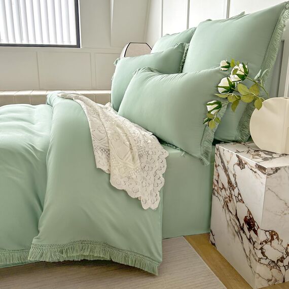 Amolavet Boho Quasten Design Salbeigrün Bettwäsche 200x200 3teilig Set aus Gebürstetem Mikrofaser Winter Bettwäsche 200x200 Bettbezug 200 X 200 Mit Reißverschluss +2 Kissenbezüg 80x80 für Doppelbett