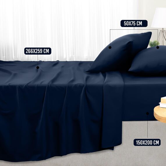 Utopia Bedding 4 Teilige Bettlaken Set 150x200 cm, Marineblau - Polyester Microfaser, Oeko-Tex Zertifiziert, 1 Spannbettlaken 150x200 cm, 1 Bettlaken 266x259 cm und 2 Kissenbezüge 50x75 cm
