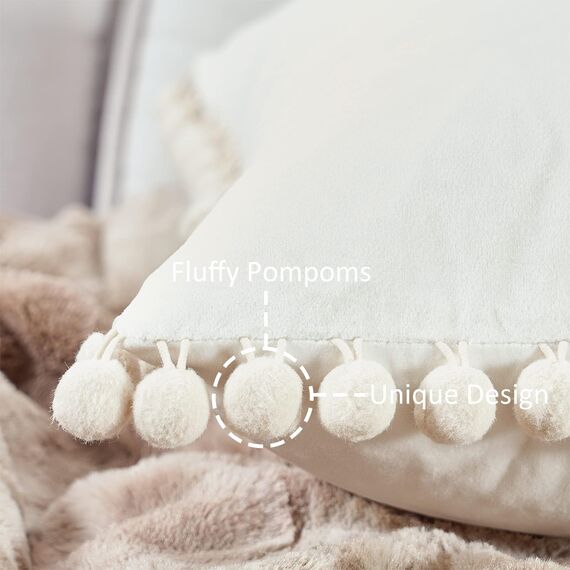 Topfinel Boho Kissenbezug 40x40 cm 2er Set Samt Kissenhülle Kissenbezug für Dekokissen Sofakissen mit Pompons Wohnzimmer Schlafzimmer Sofa Dekokissenbezug Creme