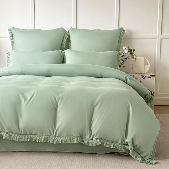 Amolavet Boho Quasten Design Salbeigrün Bettwäsche 200x200 3teilig Set aus Gebürstetem Mikrofaser Winter Bettwäsche 200x200 Bettbezug 200 X 200 Mit Reißverschluss +2 Kissenbezüg 80x80 für Doppelbett