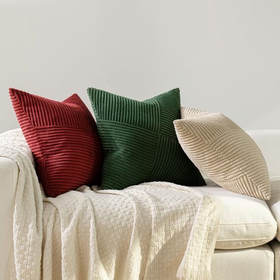 MIULEE Weihnachten Kissenbezug 45x45 Weinrot Kordsamt 2er Set Kissenbezüge Zierkissenbezug Kissenhülle Sofakissen Dekokissen Streifen Muster Patchwork Design für Wohnzimmer