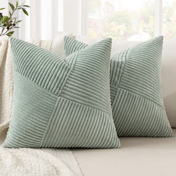 MIULEE Kissenbezug 40x40 Graugrün Kordsamt 2er Set Kissenbezüge Zierkissenbezug Kissenhülle Sofakissen Dekokissen Streifen Muster Patchwork Design für Wohnzimmer